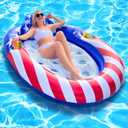 72"x59" Patriotic Pool Lounger Float with Detachable Headrest, Double Snack & Drink Holders Extra Large Oval Inflatable Pool Float for Adults, 4th of July Party, Pool, Lake