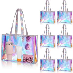 Aliceset 6 Pcs Iridescent Tote Bags with Handle Bachelorette Party Favors 15x11x4.3'' Bridesmaid Holographic Bags for Travel (Colorl)