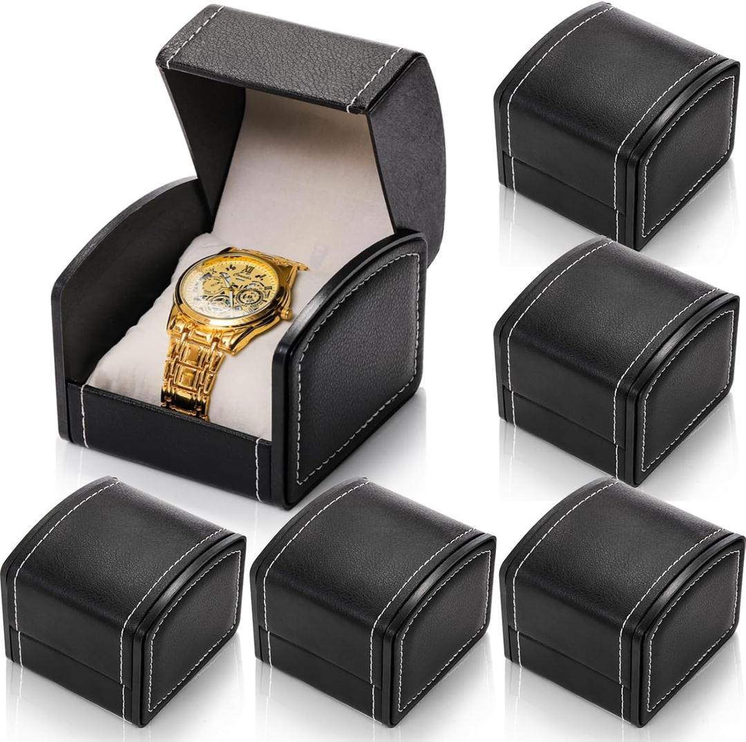 6 Packs Single Grid Watch Box with Pillow, PU Leather Gift Case for Bracelet, Jewelry Wristwatch Storage, Watch Display Holder for Men and Women, Single Watch Roll Organizer, Black