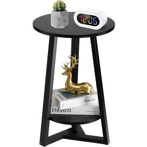 Hadulcet Black Side Table, Two-Tier Round End Table, Modern Small Side Table Living Room, Bedroom & Balcony, Black End Table with Storage Shelf with Solid Wooden Legs