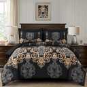 Mybedsoul Black Queen Comforter Set, 7 Pieces Gold Boho Bed in a Bag for Queen Bed, Damask Comforter with Sheets Pillowcases, Soft Microfiber Lightweight Bedding Sets for All Season(90"x90")