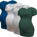 Bearsland 4 Pack Women's Maternity Shirts Crew Neck Maternity Top Short Sleeve Side Ruched Pregnancy Clothes (L)