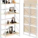 JSB No Assembly Folding Bookshelf, 4 Tier Industrial Metal Book Shelf for Storage, Vintage Wood Foldable Bookcase for Living Room, Bedroom, Office Organization Shelves, Flat Tube 4-Tier