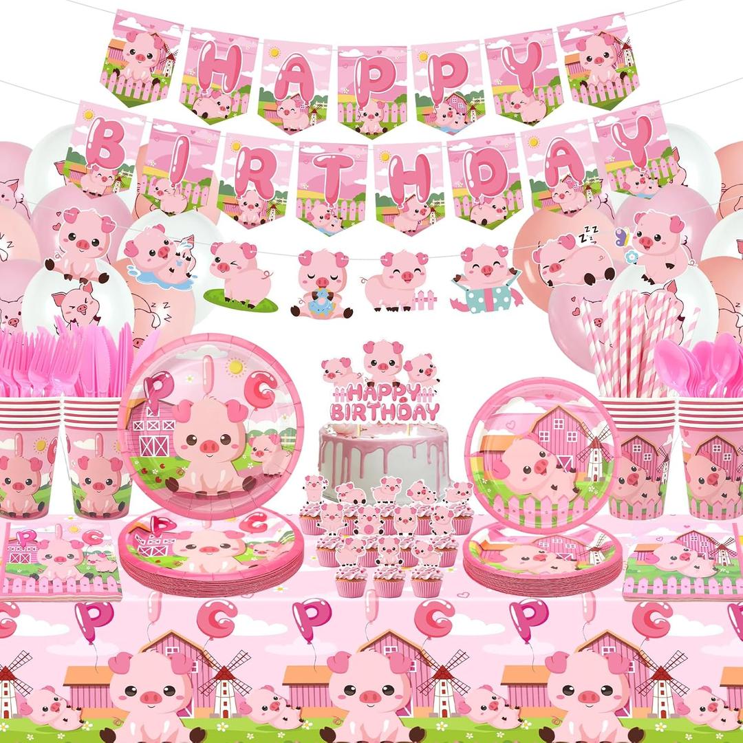 Pig Birthday Party Decorations - Pink Pig Party Supplies including Banner, Plate, Cake Topper, Cup, Napkin, Balloon, Tablecloth for Pig Party Decoration - Serves 20