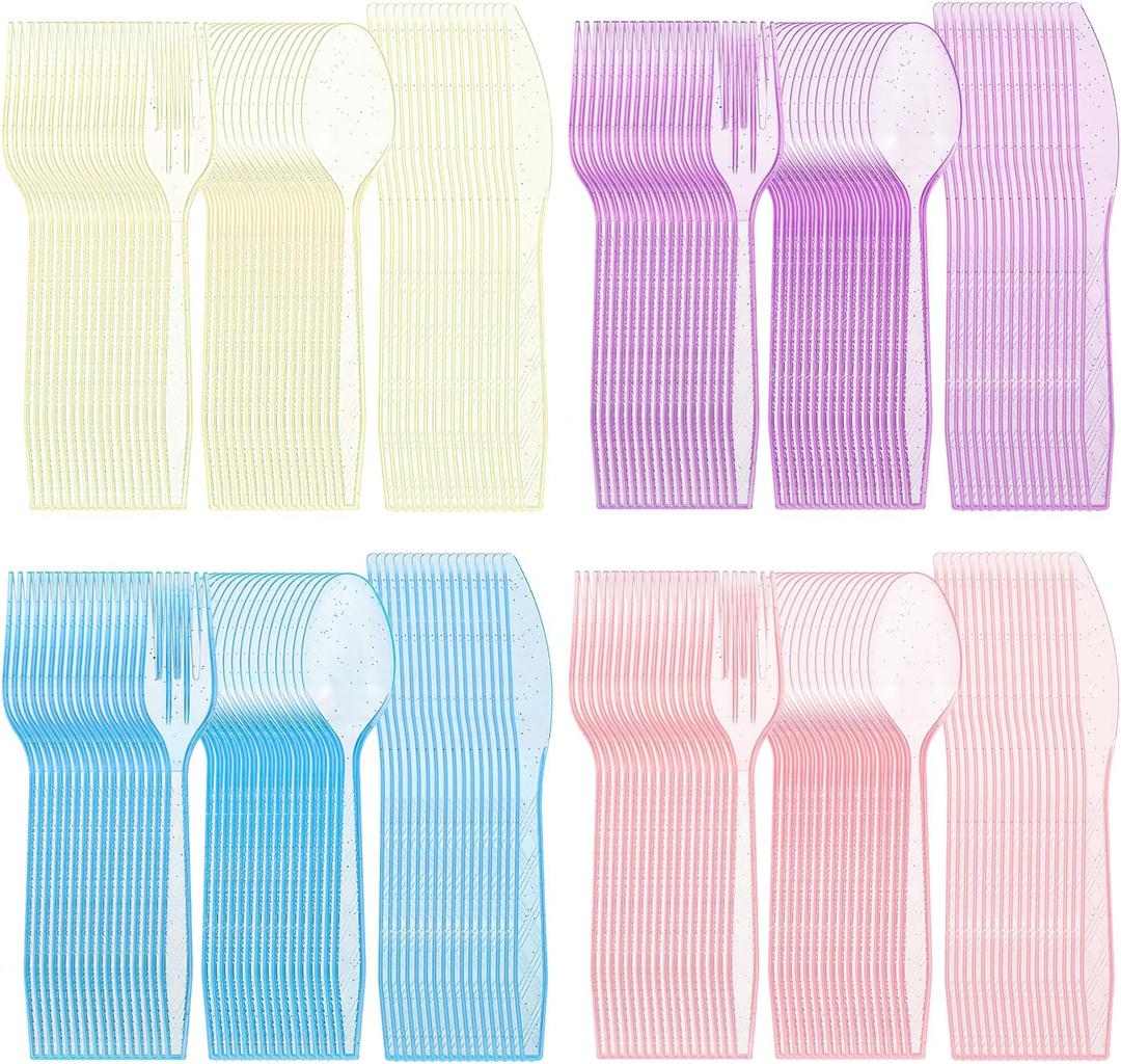 192 Pieces Glitter Plastic Silverware Set Disposable Clear Plastic Cutlery Flatware for Party 64 Knives 64 Spoons 64 Fork for Party Birthday Dinnerware Supplies(Multicolor)