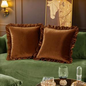 Velvet Throw Pillow Covers Set of 2, Soft Decorative Ruffle Cushion Cases for Couch Sofa Bedroom, 18 x 18 Inches, Camel