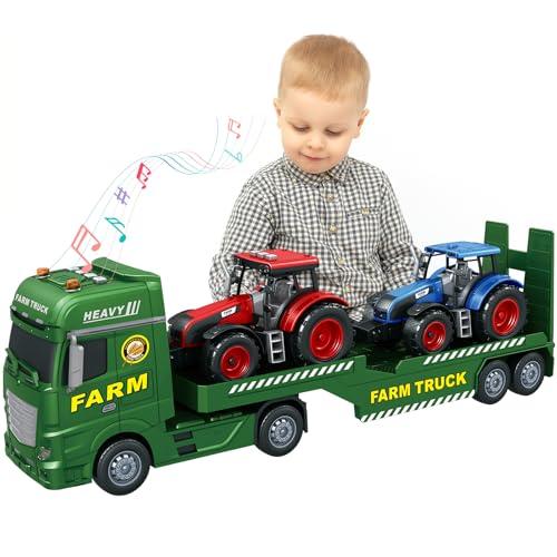 lonfypeng 3-in-1 Farm Truck Toys for Kids Ages 3-6 – 25.6 Inch Extra-Large Inertia Semi Trailer with Lights & Sounds, Detachable Tractor and Light & Sound Farm Vehicle