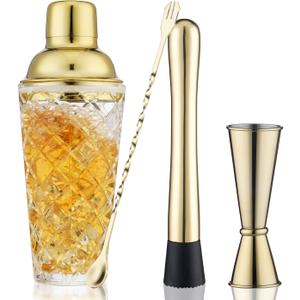 Gold Cocktail Shaker Set - Premium Glass Bartender Kit with Measuring Jigger, Mixing Spoon, and Muddler