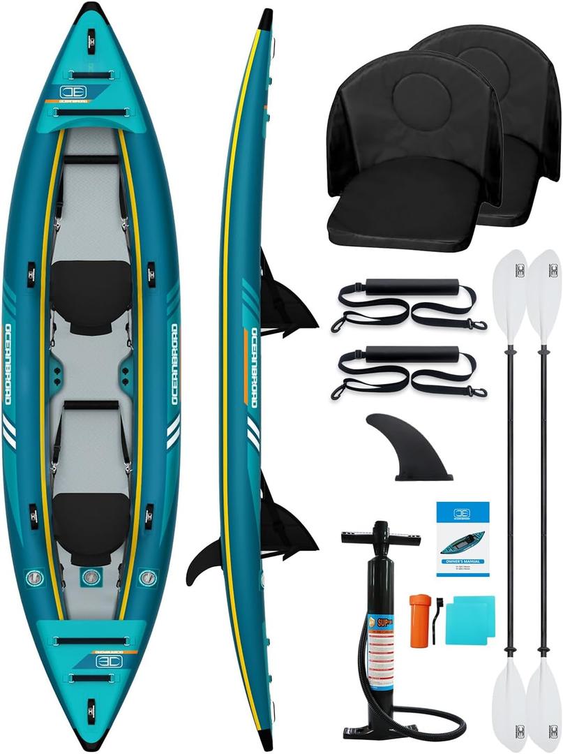 OCEANBROAD Inflatable Sit-in Kayak(NO HIN), 1 Person/2 Person Touring Kayak
Drop-Stitch Floor, 10.5ft/13.7ft, Single/Tandem, Blow Up Kayak for Adults with Paddle, Kayak Seat, Pedal, Hand Pump, Bag