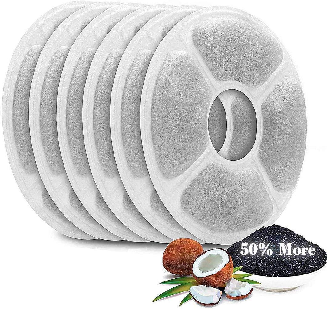 Cat Water Fountain Filters 6 Pack, 50% More Activated Carbon, Genuine Cat Flower Fountain Replacement Filters, Fit for Most Dog Pet Drinking Dispenser Triple Filtration (Not for Catit)