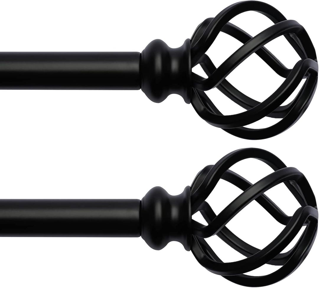 2 Pack Decorative Window Curtain Rod with Brackets- Hollow Design 3/4'' Inch Pole, 48 to 84 Inch Adjustable Side Curtain Rod Matte Black