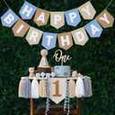 Felt Khaki Blue Happy Birthday High Chair Banner Pre-Strung Birthday Hanging Decoration For 1st Birthday Decorations Boy
