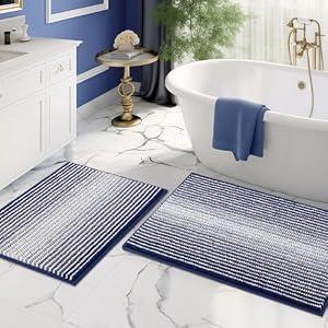 BSICPRO Bathroom Rugs and Mats Sets, 2 Piece Thick Absorbent Chenille Bath Mat Rug Set Non Slip, Soft Shaggy Bath Room Floor Mats for Bathroom, Machine Washable (Navy, 20" x 47" Plus 20" x 32")