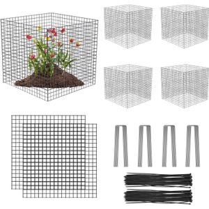5 Pack Wire Plant Protectors Square Wire Plant Cages Mesh Plant Cage Chicken Wire Cloche with 20 Ground Stakes and 100 Nylon Ties Protect Plants, Garden,Shrubs and Vegetables from Animals, 12x12 inch
