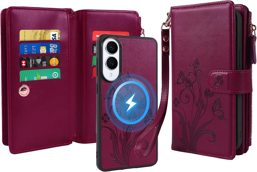 for Samsung Galaxy S25 Edge Case Wallet,Compatible with MagSafe 2 in 1 Magnetic Detachable PU Leather RFID Blocking Wallet Cover Card Holder Zipper Wrist Strap Lanyard,Floral Wine Red