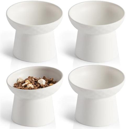 YauYik 4 Pcs Ceramic Raised Cat Bowls, Tilted Elevated Cat Food Bowl, Stress Free, Whisker Fatigue, Backflow Prevention, Dishwasher and Microwave Safe, Food and Water Feeding Bowls Set, White