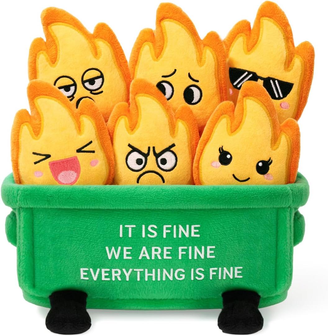 Emotional Dumpster Plush  Funny Dumpster Desk Accessories with 6 Fire Plushies, Cute Stuffed Doll Gift for Women Coworkers Office Decor (Green)