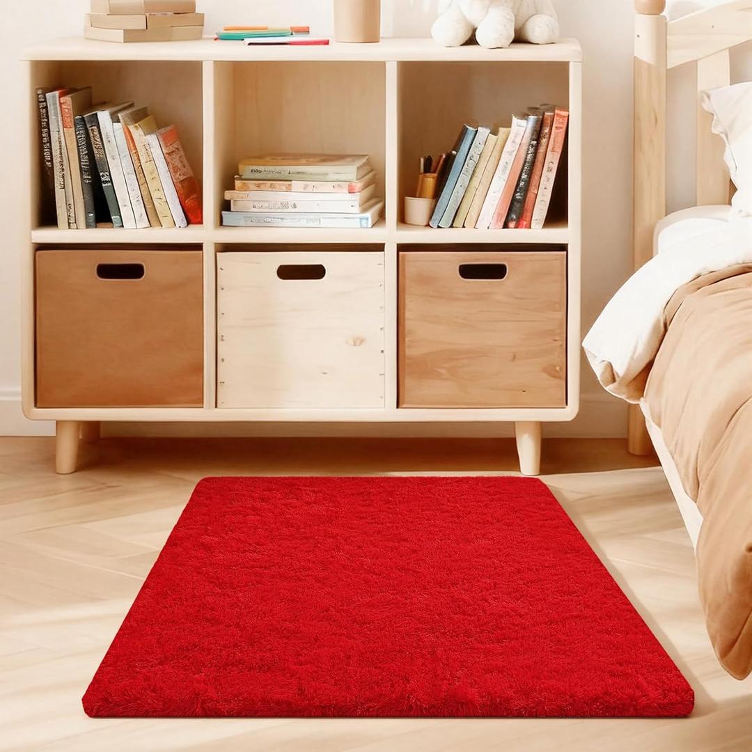 Red Rugs for Bedroom, 3x5 Fluffy Area Rugs for Living Room, Small Fuzzy Shag Soft Non-Slip Carpet for Kids Girls and Boys Nursery Dorm Indoor Room Home Decor (3ft X 5ft, Red)