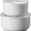Ceramic Nesting Bowls with Lid: Microwave Safe Food Storage Containers for Work Lunch Picnic Camping Meal Prep Soup Salad Cereal Leftovers - 5 & 6 Inch, 20 & 32 oz, Set of 2, White