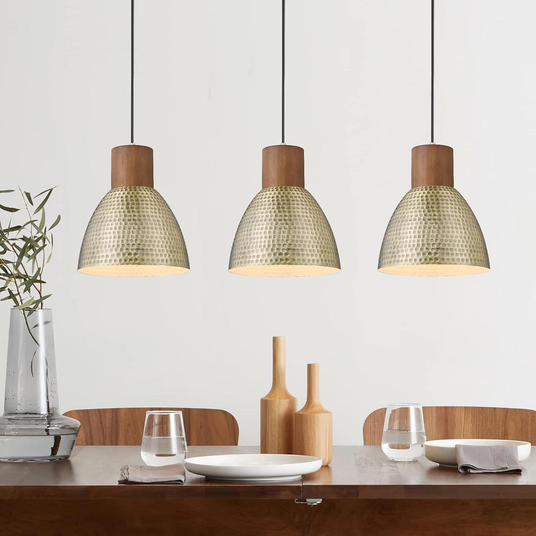 ELYONA Hammered Pendant Lights for Kitchen Island, 7 Solid Wood Vintage Metal Hanging Light Fixture Adjustable Height Antique Gold Pendant Lamp for Farmhouse, Dining Room, Brushed Brass, 3 Pack Small