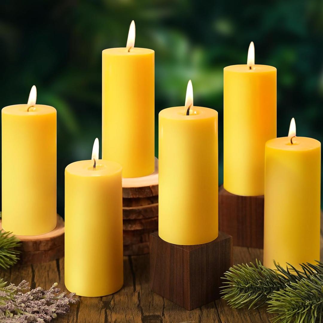 6 Pack Natural Beeswax Pillar Candles, 100% Pure Beeswax Candles, 210 Hours Long Burning, Organic Emergency Beeswax Candles Bulk for Home Decor Relax Prayer, Smokeless & Dripless 2x4in (Yellow)