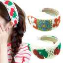 2PCS Crochet Headband for Women,Floral and Cherry Pattern,Knitted Hippie Head Bands Scarf for Women 70s Hair Accessories