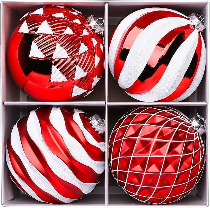 Alupssuc 6''/150mm Large Christmas Ball Ornaments, 4Pcs Christmas Tree Decor, Shatterproof Hanging Decorations with Hooks, Red & White Baubles for Xmas Tree, Wedding, Holiday and Party Decor