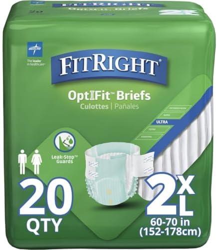 FitRight Ultra Adult Diapers, Disposable Incontinence Briefs, Leak-Proof Diaper, Absorbent Briefs For Men and Women, Maximum Protection, 2XL, 60 – 70 in, 20 briefs per bag