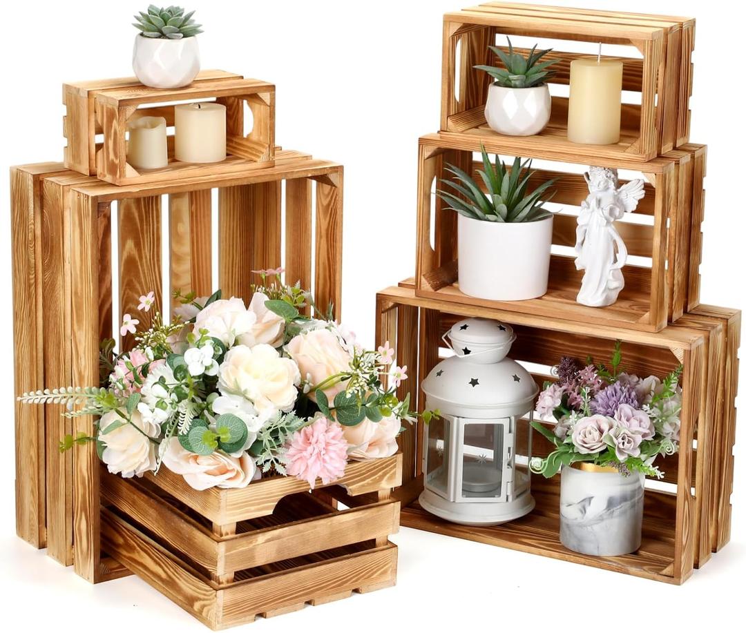 6 Pcs Decorative Wood Crates for Storage Display Rustic Nesting Crates with Handle Farmhouse Wooden Storage Container Boxes for Wedding Baby Shower Birthday Party(Classic Color) (Light Burnt)