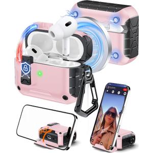 Chicfun for AirPods Pro 3 Case with Stand & Carabiner Keychain, Compatible with MagSafe, [Auto-Mag Lock 1s Open] Mil-Grade Heavy Duty Full-Body Protective with Lock – Pink