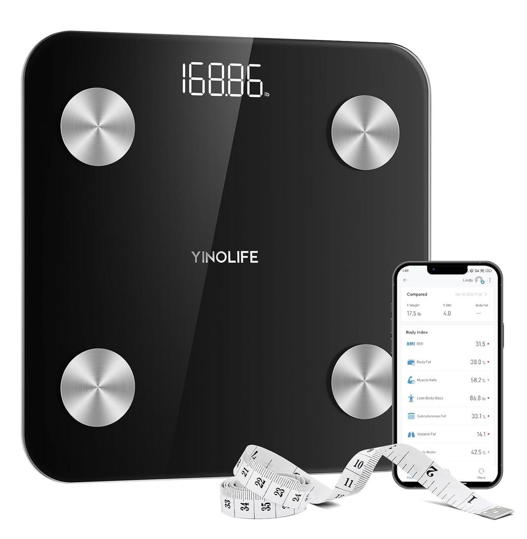 YINOLIFE Scale for Body Weight, Digital Smart Bathroom Weight Scale with BMI, Body Fat, Muscle Mass, Accurate 20 Body Composition Scale, 10.2" Compact Platform with APP, 400lb, Black