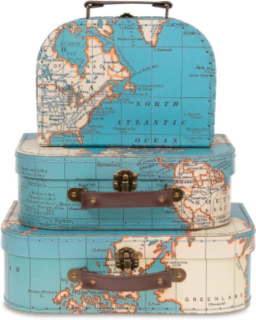 Jewelkeeper Paperboard Suitcases, Set of 3 Decorative Storage Boxes, Vintage Luggage for Birthdays, Weddings, World Map Design (Atlas Blue)