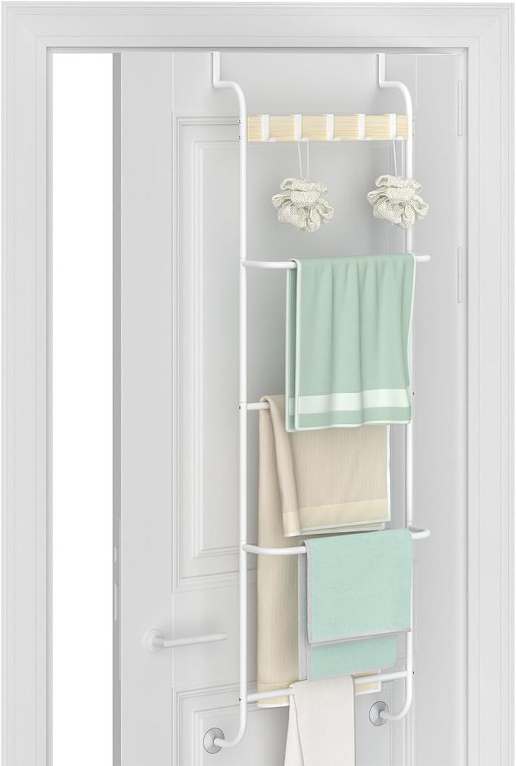 Over The Door Towel Rack, Back of Door Towel Rack, White Over The Door Hanger, Bathroom Behind Door Towel Holder with Hooks, Towel Bar Door Rack Hanger for Bedroom