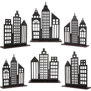 6 Pcs Super Hero Party Decorations, 2 Style Wooden Hero Theme Skyscrapers Table Decorations, City Skyline Buildings Centerpiece Sign Decor for Hero Theme Comic Birthday Party Supplies