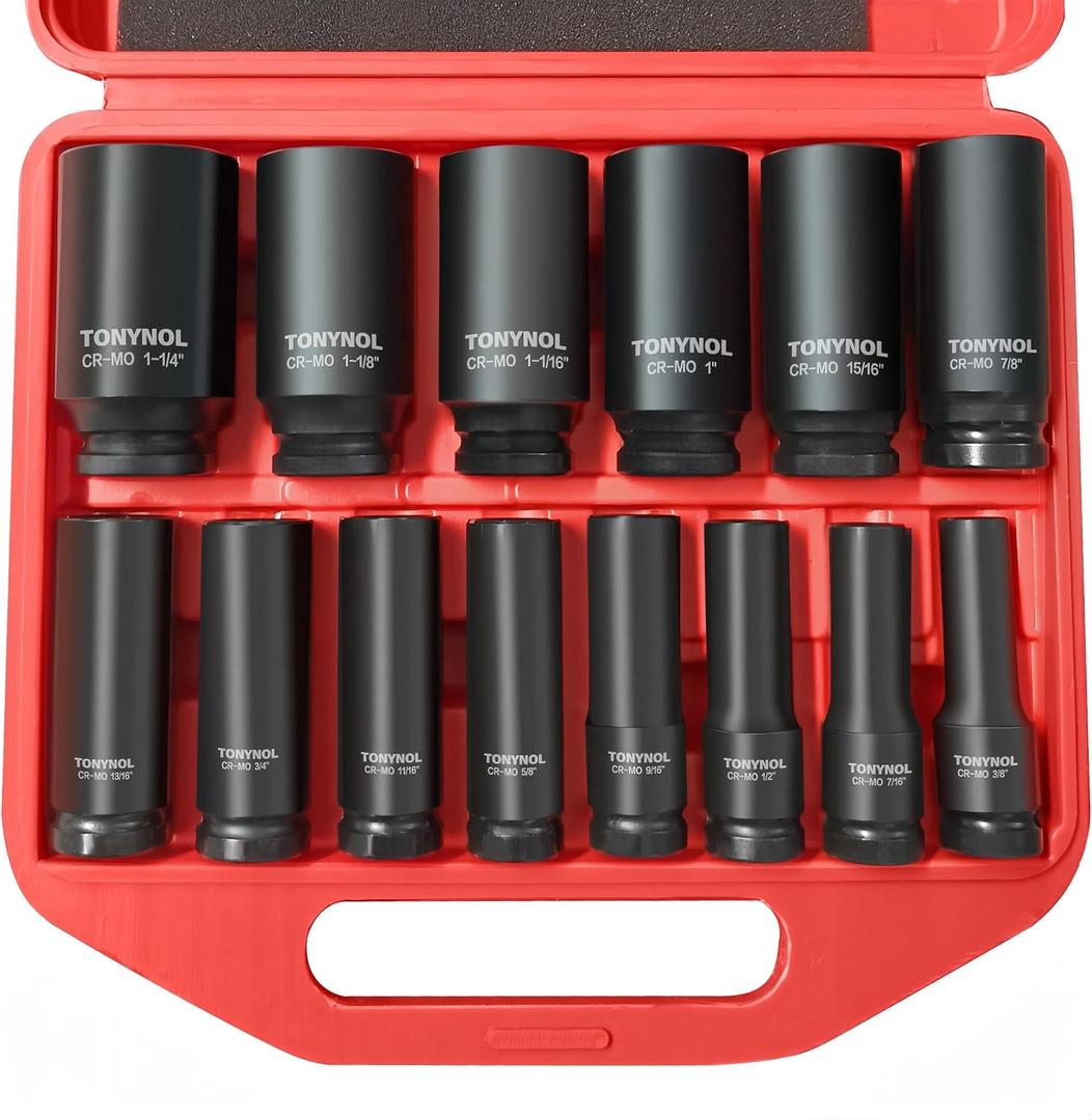 TONYNOL 1/ 2 Inch Deep Drive Impact Socket Set, 6-Point, SAE(3/ 8" to 1-1/ 4"), 14 Pcs, Cr-Mo Steel, With a Storage Case