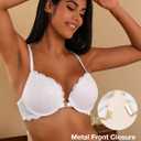 Deyllo Women's Front Closure Bras Lace Racerback Padded Push Up Bra Underwire Plunge (White)