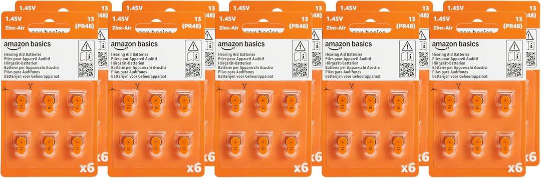 Amazon Basics 60-Pack Hearing Aid Size 13 Zinc-Air Batteries, 1.45 Volt, Orange Tab, 4-Year Shelf Life, Child-Safe Package (Use Scissors to Open)