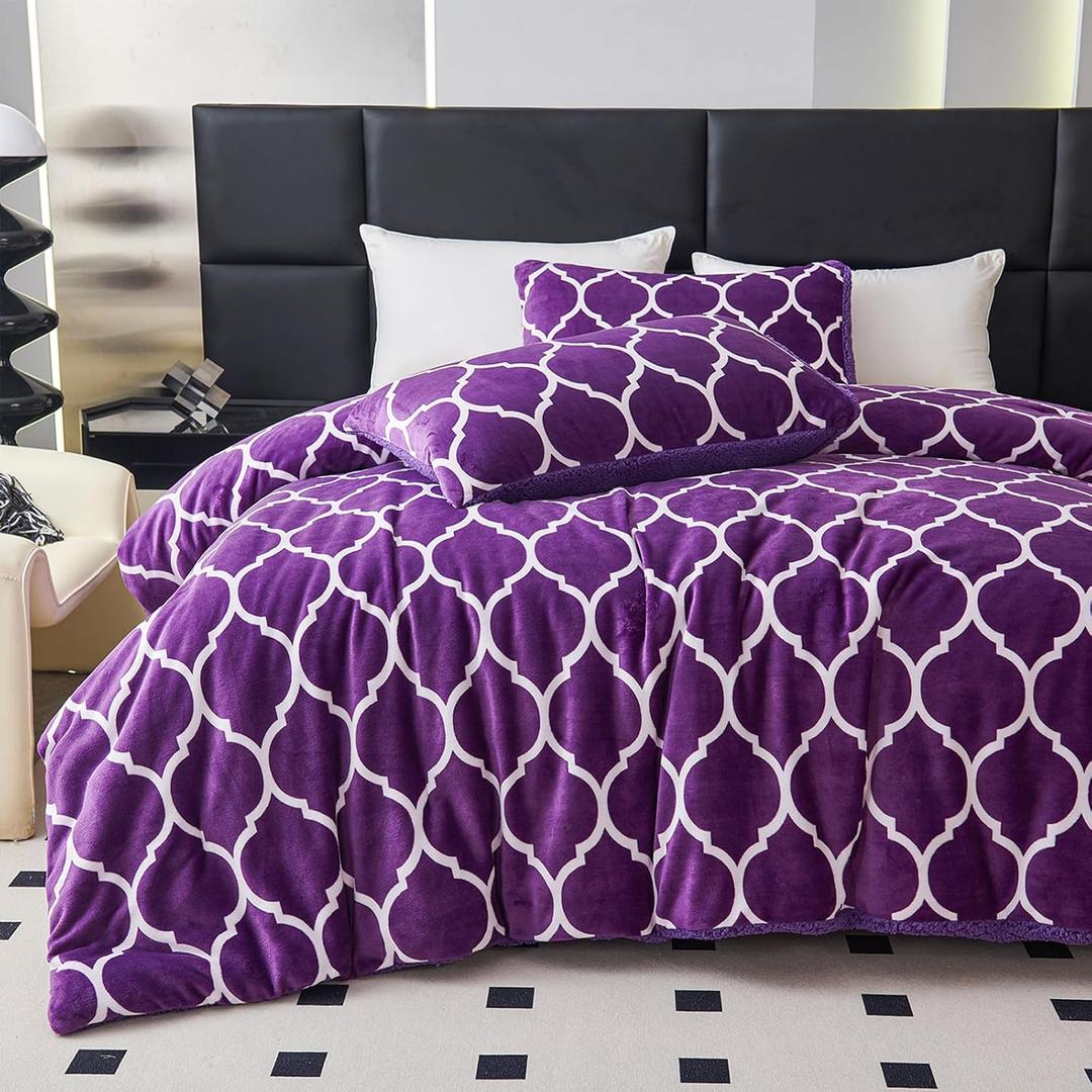 Purple King Size Comforter Set, Sherpa Fleece Bedding Comforter Set King Size for Winter, Fluffy Soft Fuzzy Reversible Warm Bed Set with 2 Pillowcases 104 x 90 Inches