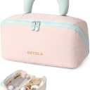Detola Travel Makeup Bag, Cosmetic Bags for Women Lay Flat Makeup Bag with Compartments and Handle Waterproof Toiletry Bag Wide Open Portable Pouch Travel Essentials Gifts for Women, Pink