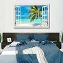 Ocean Wall Art Pictures for Beach Canvas Painting for Living Room Fake White Window Frame Style Blue Seascape Print Tropical Beach Palm Tree Artwork for Home Bedroom Office Decoration 24x36inch
