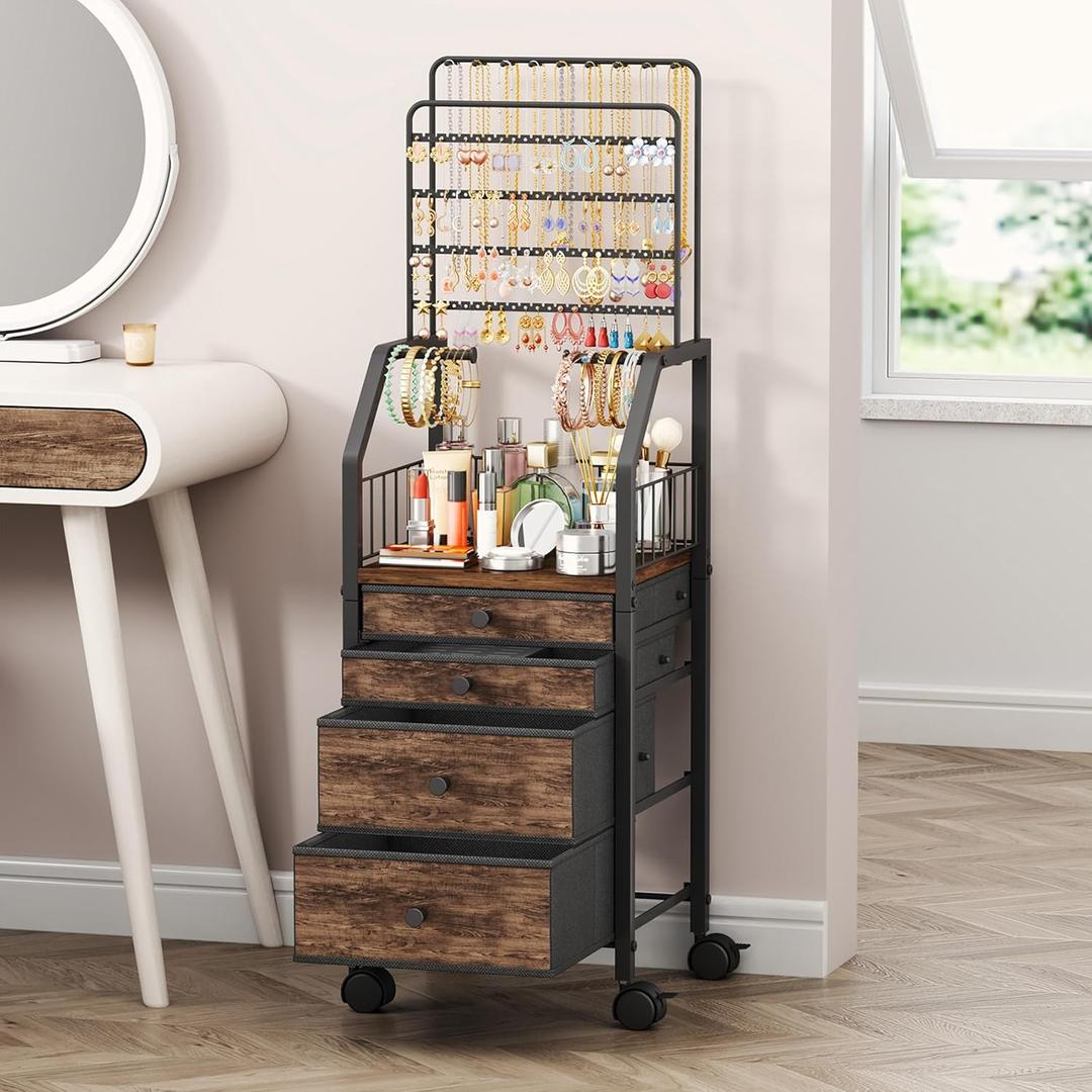 SWTYMIKI Large Jewelry Organizer Stand Multifunctional Rack Tower for Necklace, Earring, Ring & Bracelet Display Moveable Storage Jewelry Holder Stand with 4 Nonwoven Drawers for Bedroom , Espresso-Free Standing