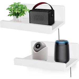 Floating Wall Shelves Set of 2, 12-Inch Solid Wood Shelves with Cable Holes, Small Display Shelf for Router, Webcam, Smart Speaker, Camera – White