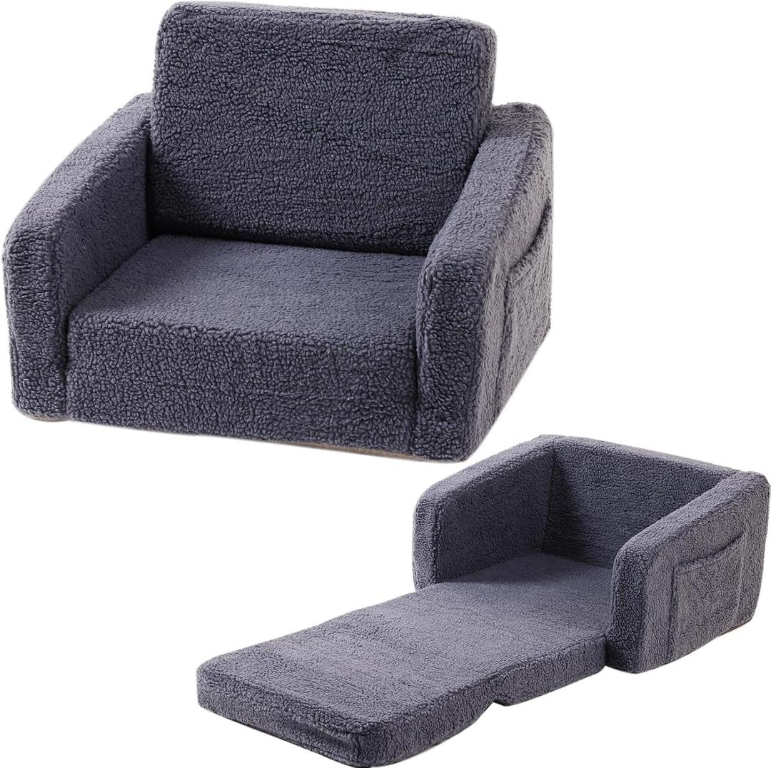 Furnishh Toddler Couch Sofa, Baby Couches Fold Out for Boys Girls, Kid Toddler Sofa Chair 2 in 1 Convertible Sofa to Lounger, Kids Couch Bed Fold Out for Playroom, Grey