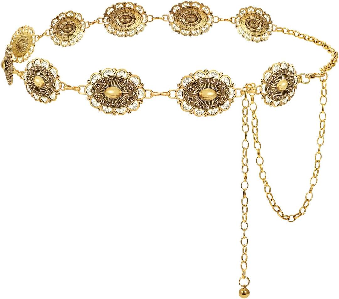 LEACOOLKEY Western Metal Concho Belt for Women Cowgirl Boho Waist Chain Belt for Dresses Jeans Pants (M:Fit waist 30"-35")