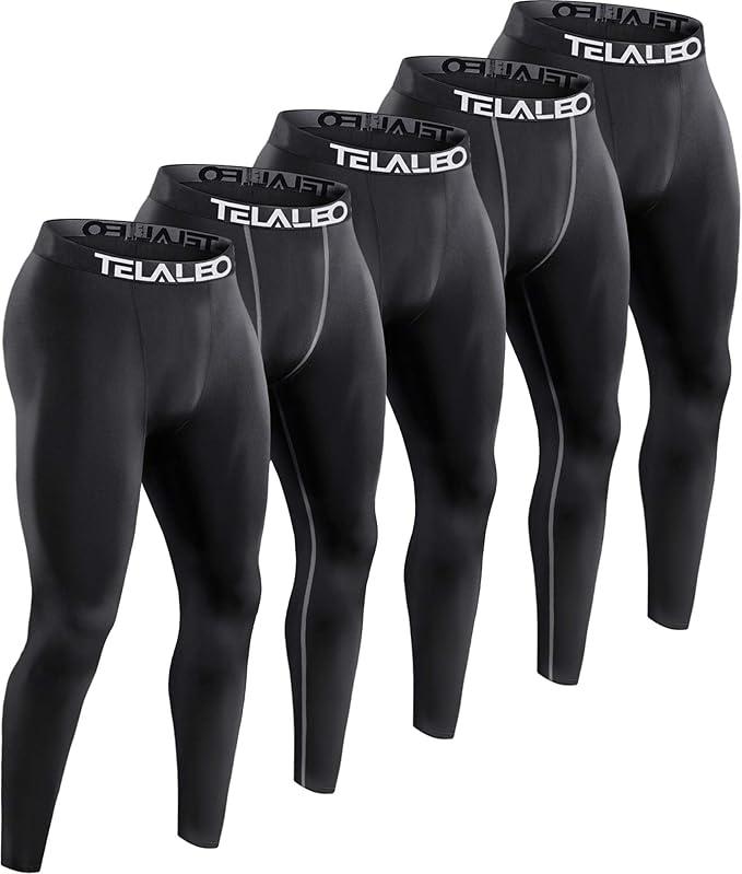 TELALEO 5 Pack Men's Compression Pants for Workout, Running, Basketball, Football-Sports Baselayer Leggings, Size: S
