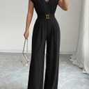 Pink Queen Jumpsuits for Women Dressy V Neck Short Sleeve Wide Leg Rompers Business Casual One Piece Outfits (Black, XL)