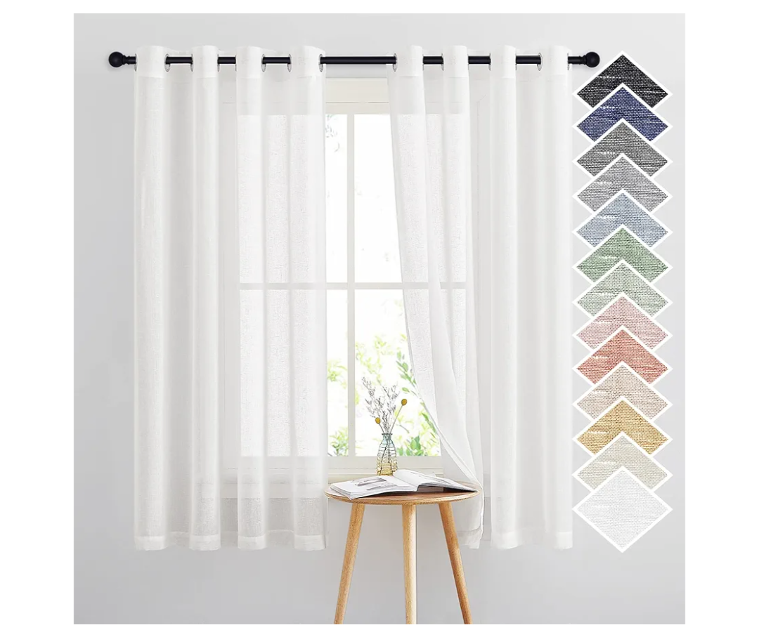 NICETOWN White Linen Sheer Curtains 63 inch Length, Vintage Grommet Linen Textured Semitransparent Privacy Window Treatment Light Filtering for Living Room, 52" W x 63" L, Set of 2