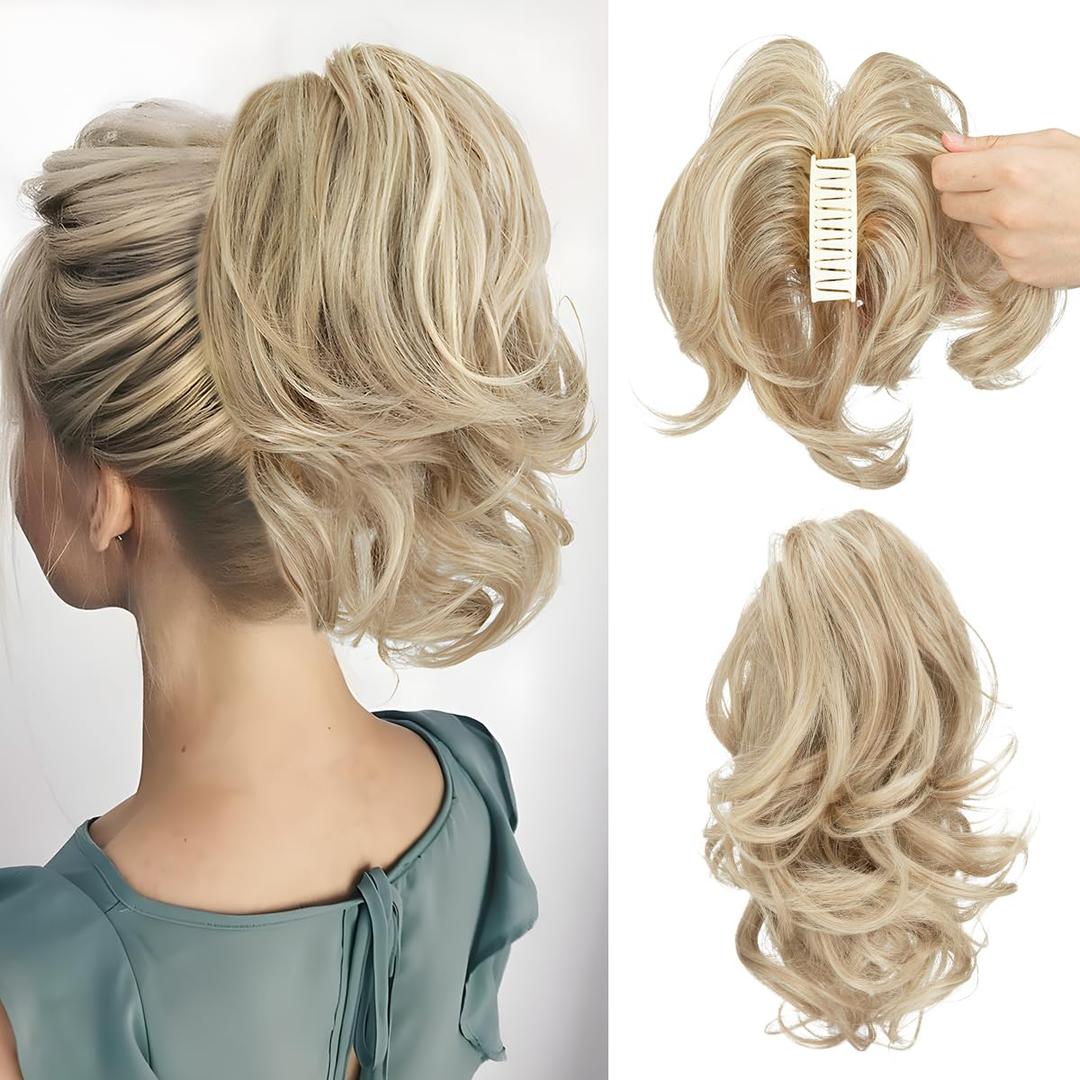 CJL HAIR Claw Clip Short Ponytail Hair Extensions Bendable Metals Messy Bun Hair piece Wavy Curly Fake Hairpieces (Dirty Blonde, 12 inch)