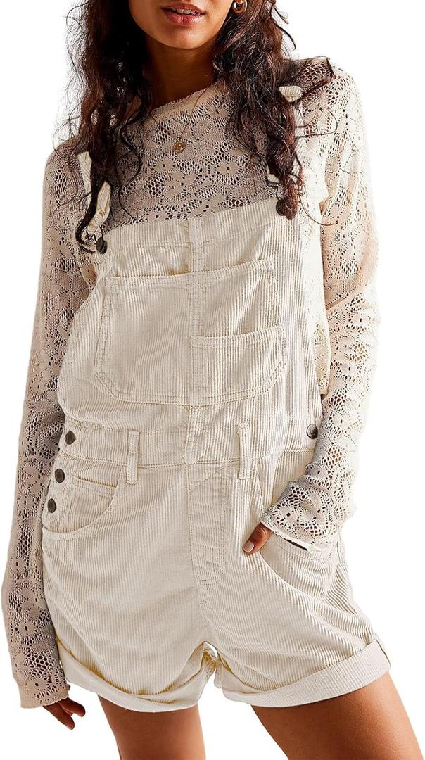 HOTIAN Corduroy Overalls for Women Shorts Jumpsuit Fall Casual Loose Fit Adjustable Rompers Bib Shortalls Outfits (XL)
