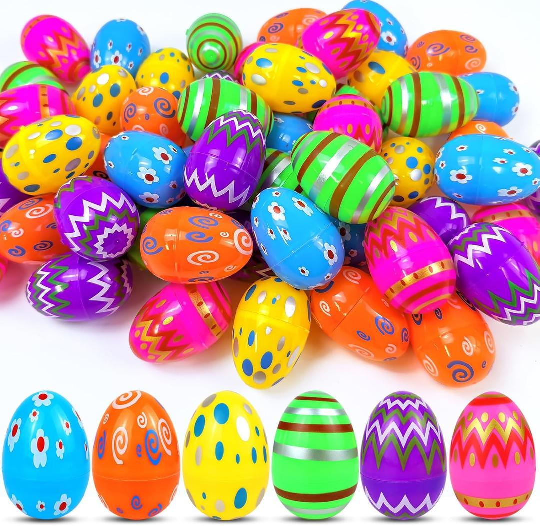 Plastic Easter Eggs Empty, 36 PCS Plastic Easter Eggs Fillable Bulk, Printed Bright Colorful Easter Eggs Decorations for Easter Eggs Hunt Party Favors Easter Basket Stuffers